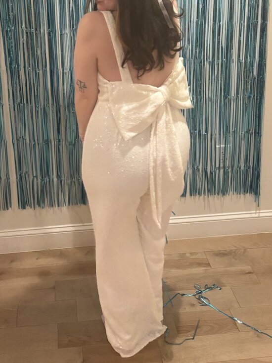 LULU'S XL Feeling Sparkly White Sequin Bow Backlesss Wide-Leg Jumpsuit NEW B120 - Picture 11 of 12